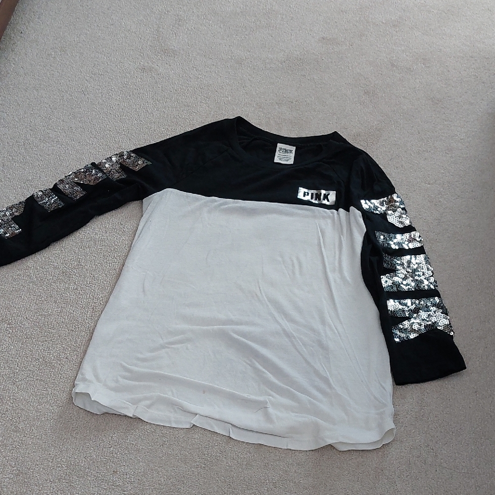 PINK Victoria's Secret Women  Black and White Sequin Sleeve Tee